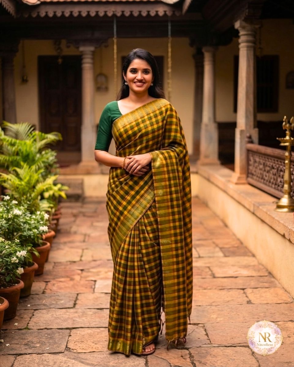 Madras Cotton Checks Green Saree