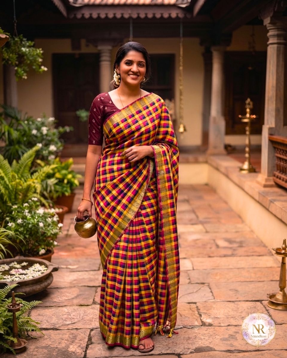 Madras Cotton Checks Maroon Saree