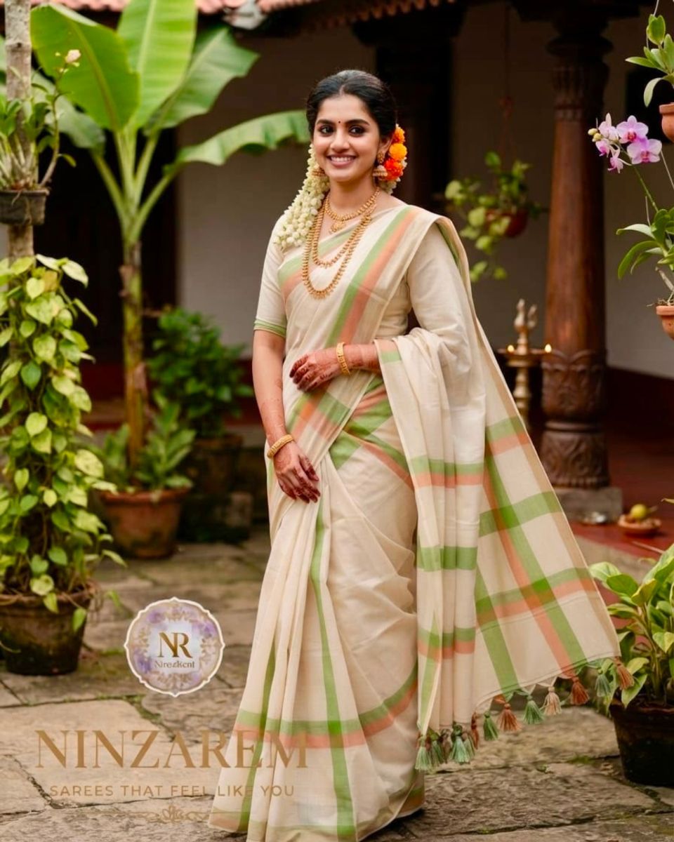 Mulcotton Offwhite with Green and Orange Stripes Saree