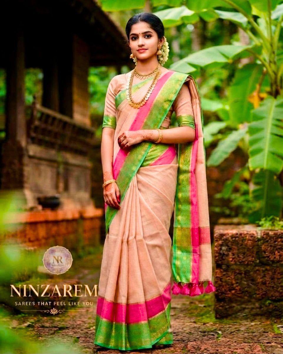 Mul Cotton Saree – Sandal with Pink & Green Kanjivaram Border Saree