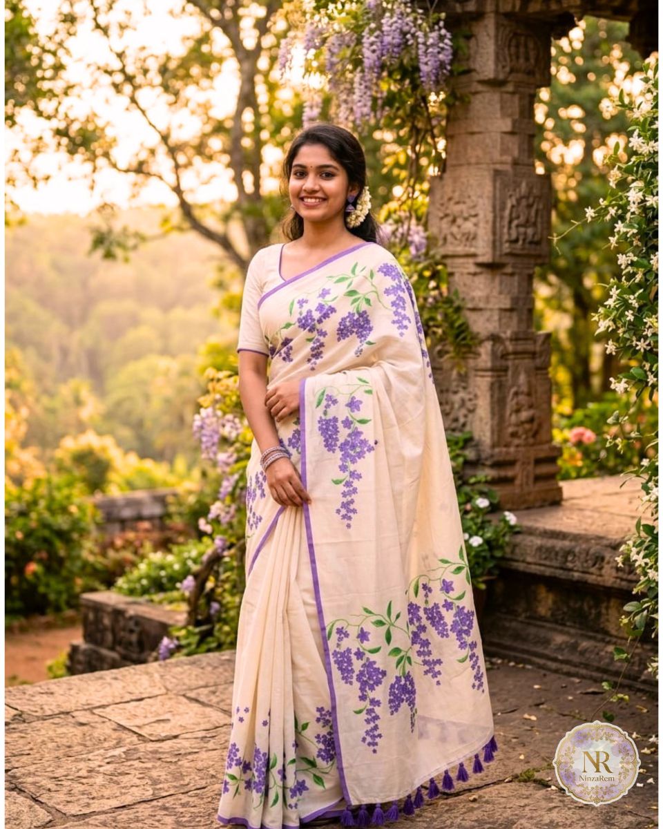 Voilet Flower Print Kerala Saree