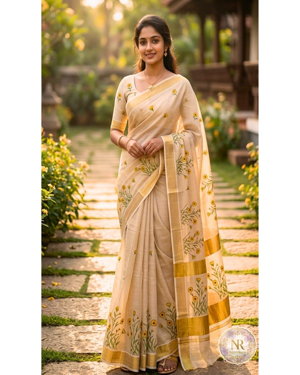 Kerala Tissue  Marigold Printed Saree