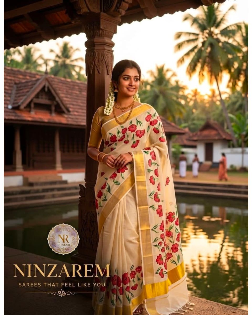 Kerala Tissue Saree – Red Floral Print with Golden Kasavu Border