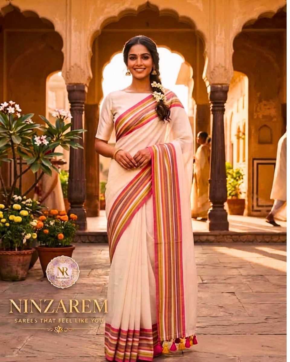 Mul Cotton Saree – Offwhite with Multicolour Striped Border