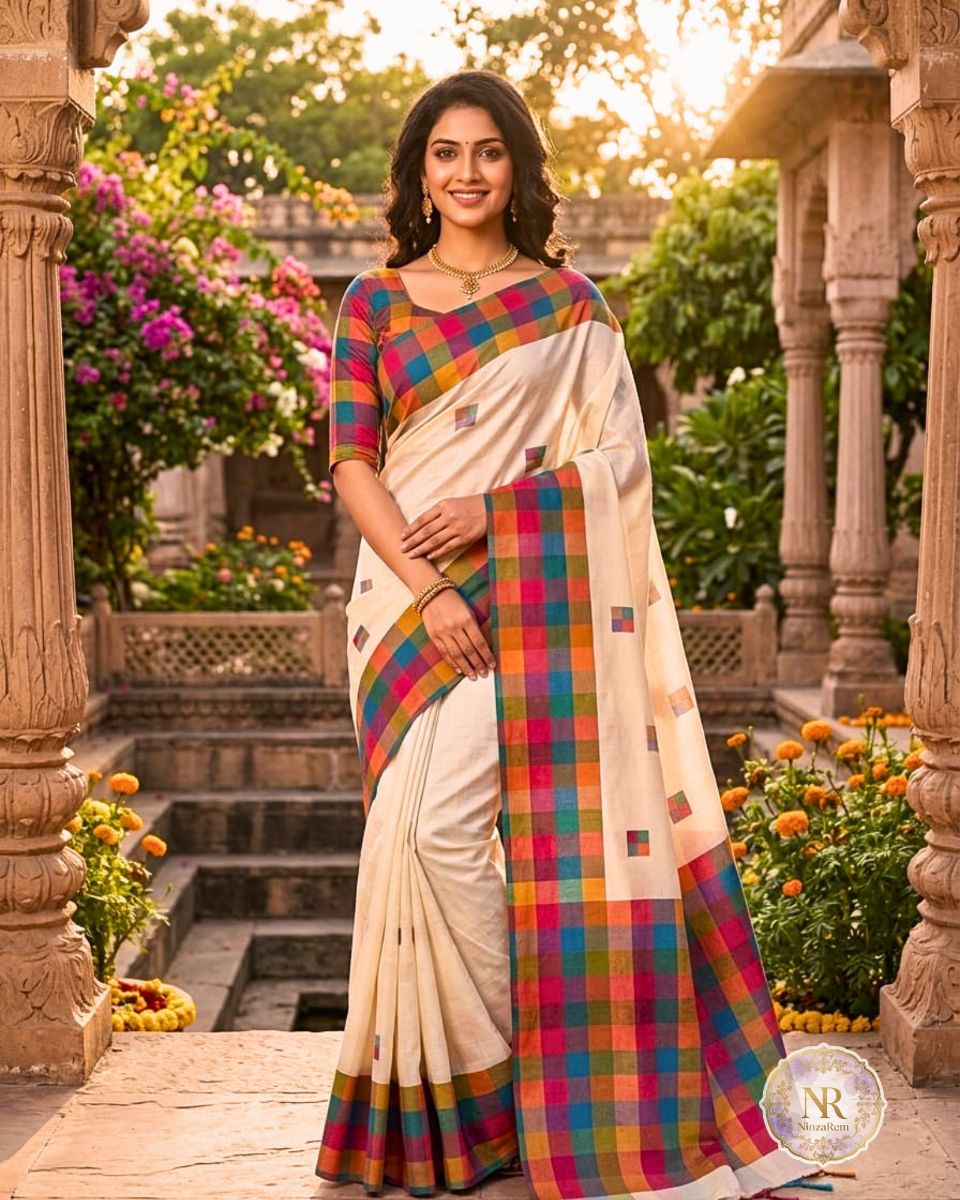 Offwhite Kerala Cotton Saree with Multicolour Checked Border & Butta