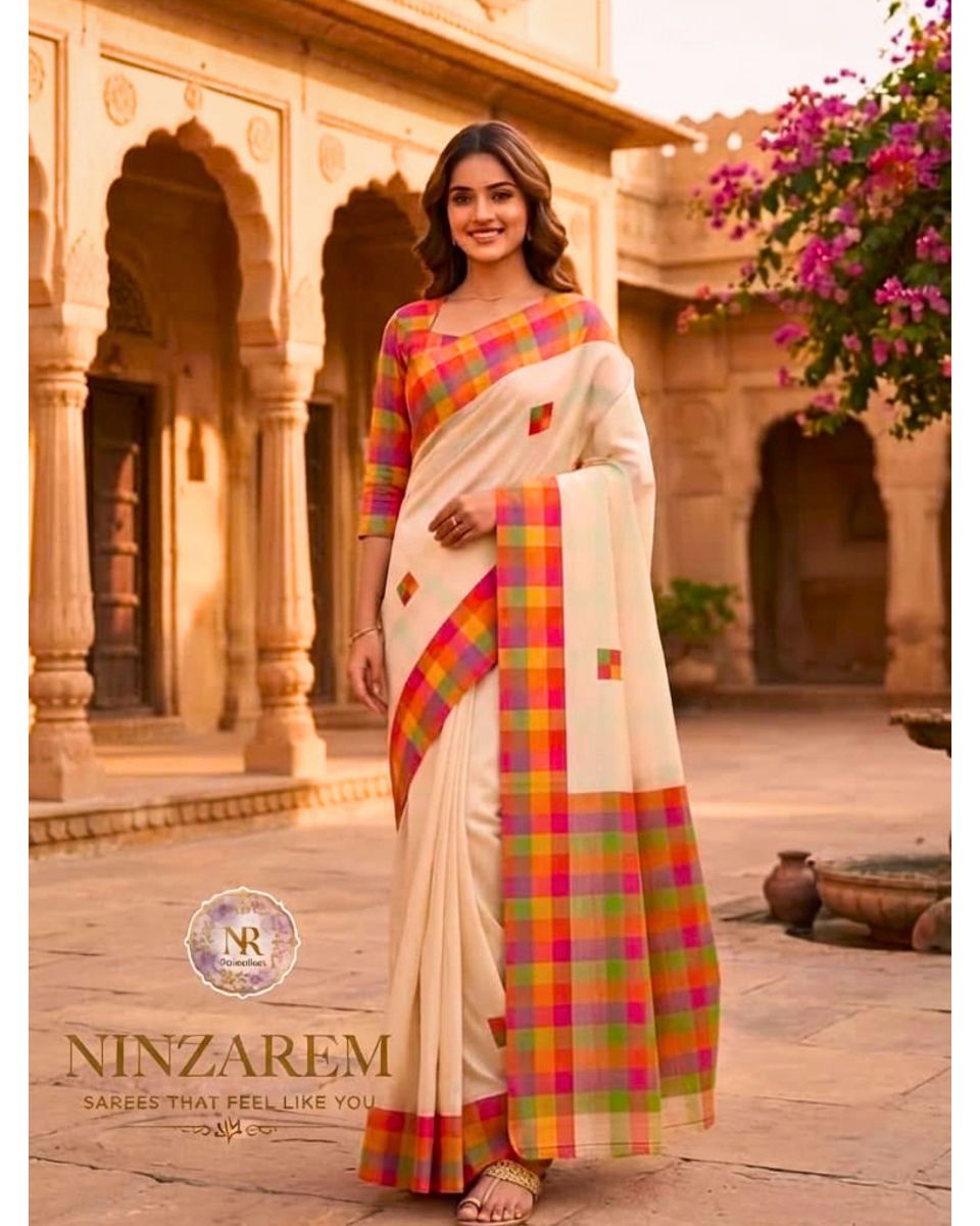 Offwhite Kerala Cotton Saree with Rainbow Check Border & Butta
