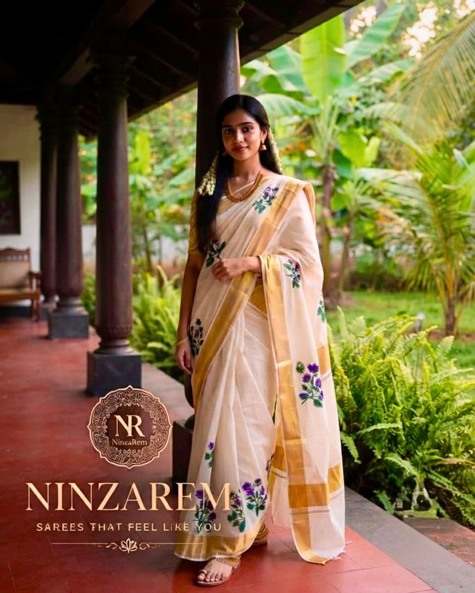 Kerala Kasavu Saree with Hand-Painted Mukkutti Flower Motifs & Gold Zari Border