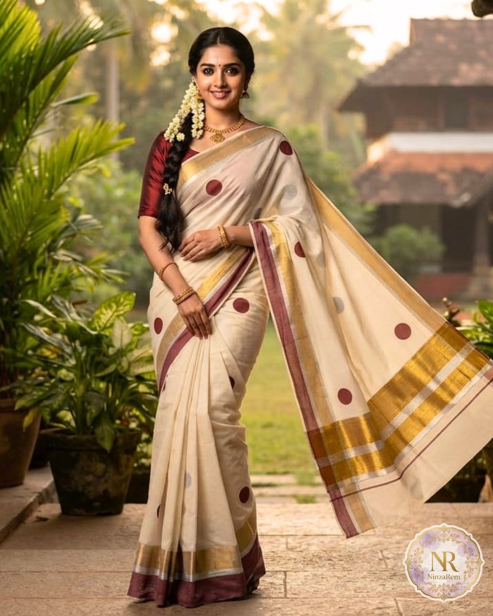 Kerala Kasavu Saree with Maroon Polka Dot Butis & Gold-Maroon Border