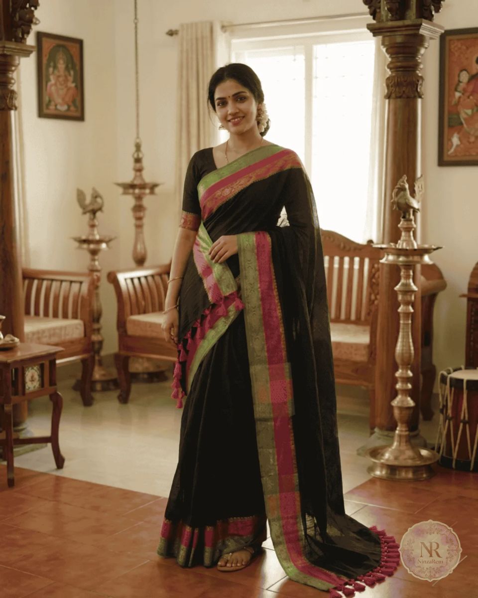 Mul Cotton Black with Pink and Green Border Saree