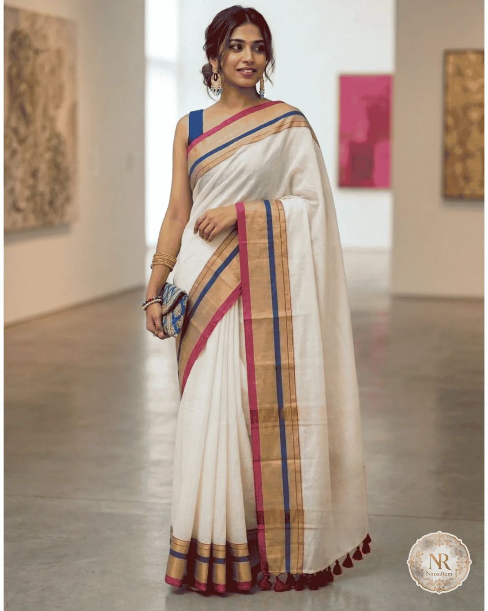 Mulcotton Offwhite Blue Maroon And  Kazavu Saree