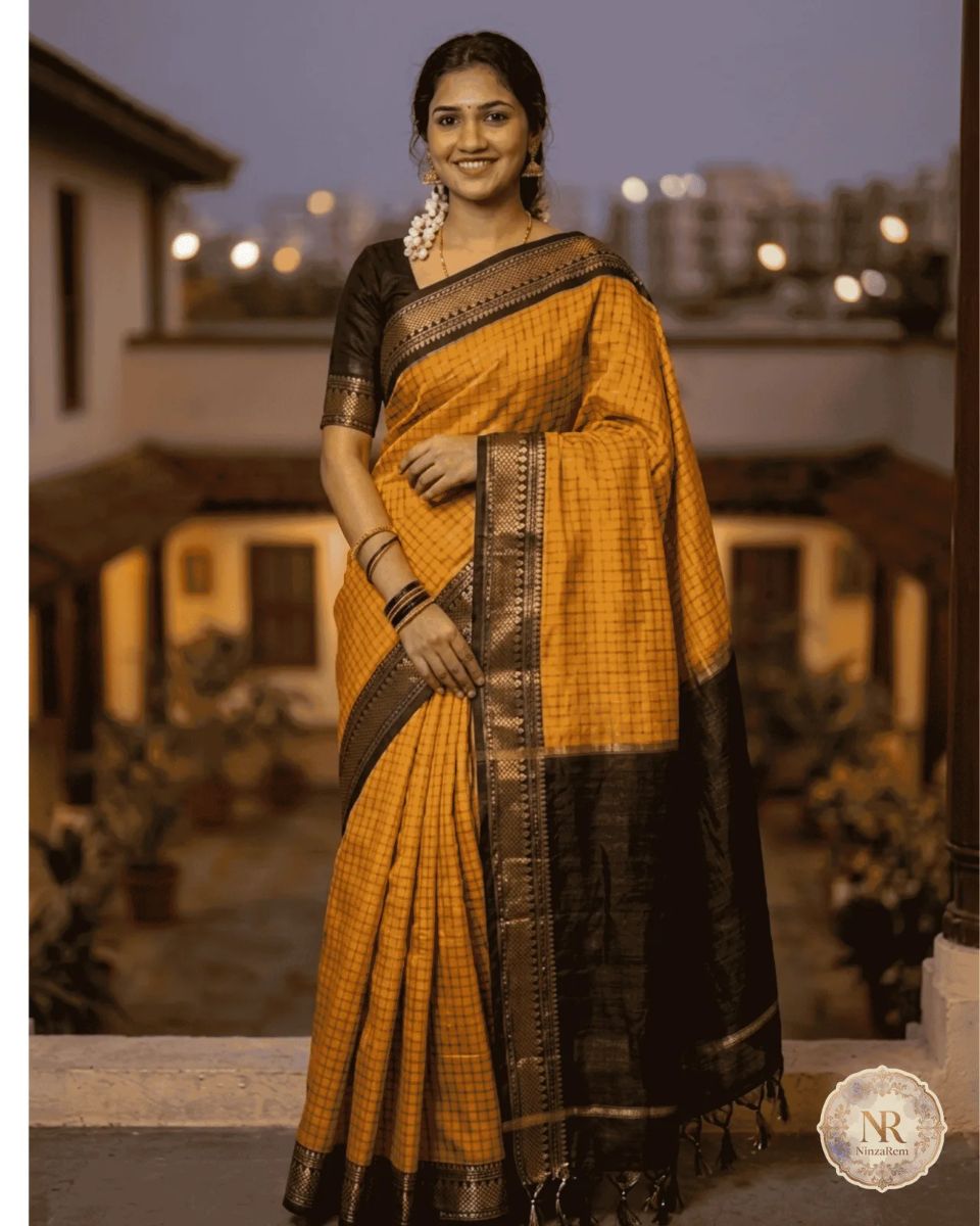 Kalyani Cotton Yellow and Black Saree
