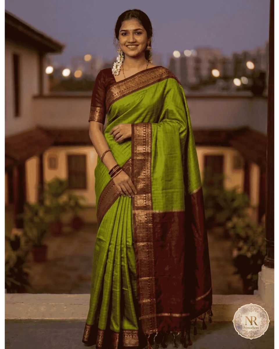 Kalyani Cotton Green and Maroon Saree