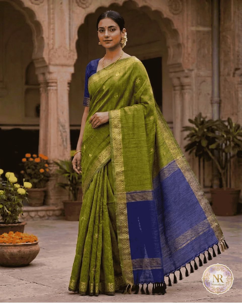 Maheswari Cotton Saree Olive Green And Blue