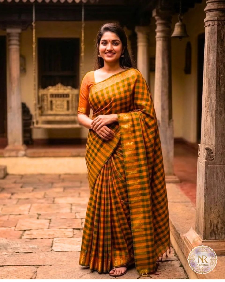 Madras Cotton Checks Orange Saree
