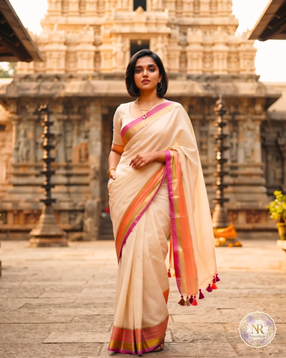 Mulcotton Orange Red and Kazavu Saree