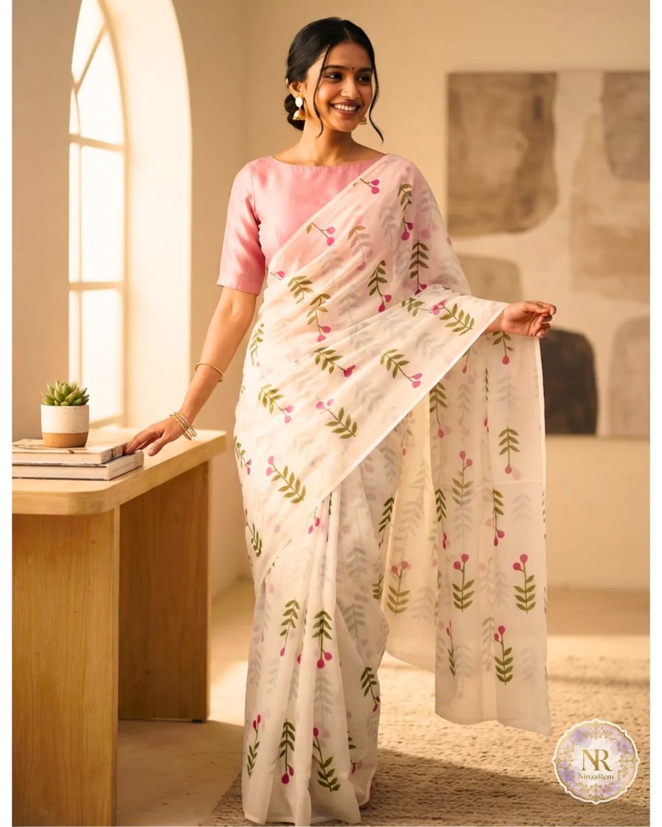 Pink Blossom Print Saree