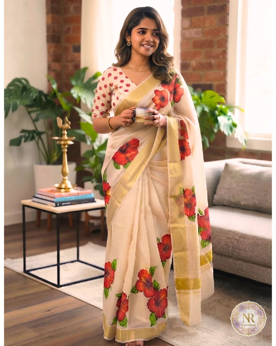 Tissue saree with Hibiscus Flowers