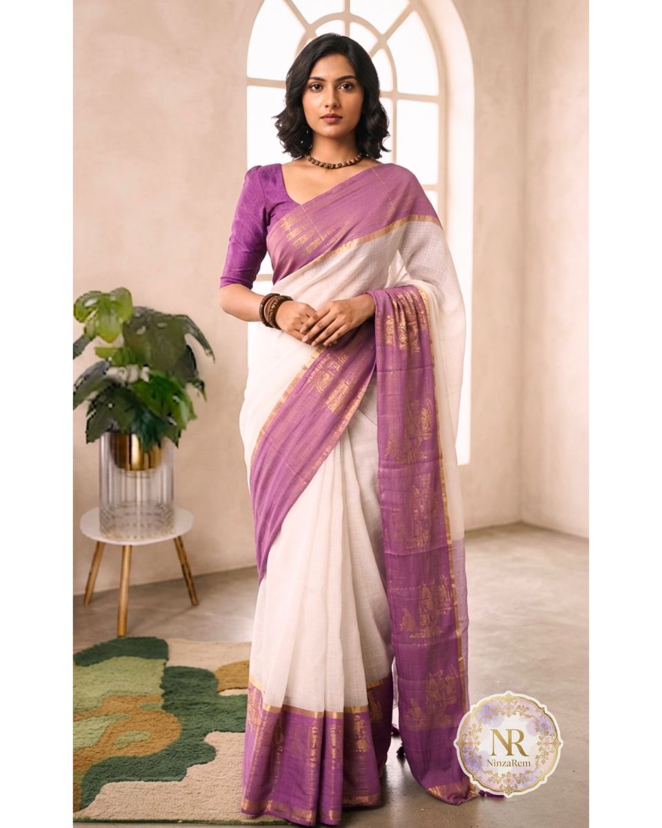 Ethereal Off-White Mulcotton Saree with Royal Purple Kaanji Border