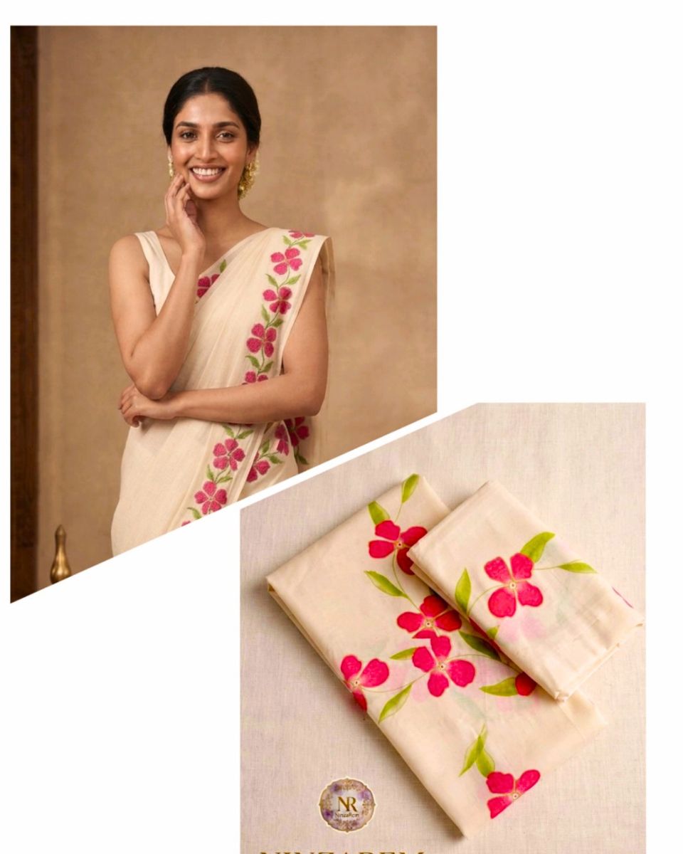 Graceful Hand-Painted Floral Kerala Set Mundu (Neriyathu)