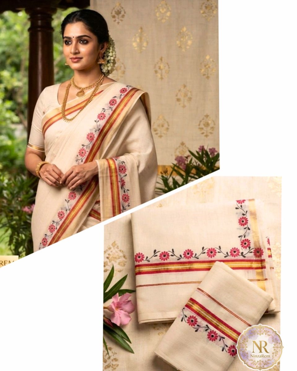 Elegant Floral Border Kerala Set Mundu (Neriyathu)
