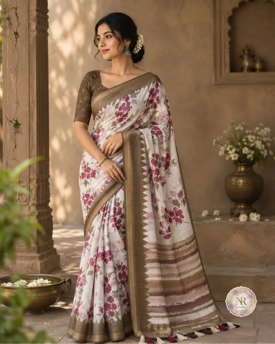 Blooming Elegance Semi-Linen Saree with Bougainvillea Flower Print