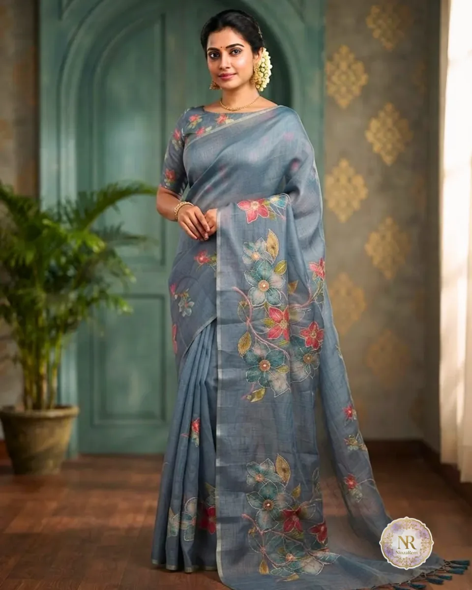 Captivating Metallic Grey Floral Print Tissue Saree