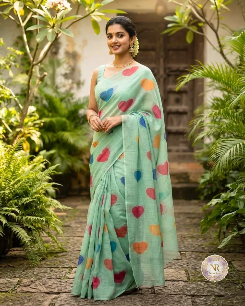Charming Light Green Semi-Linen Saree with Heart Print