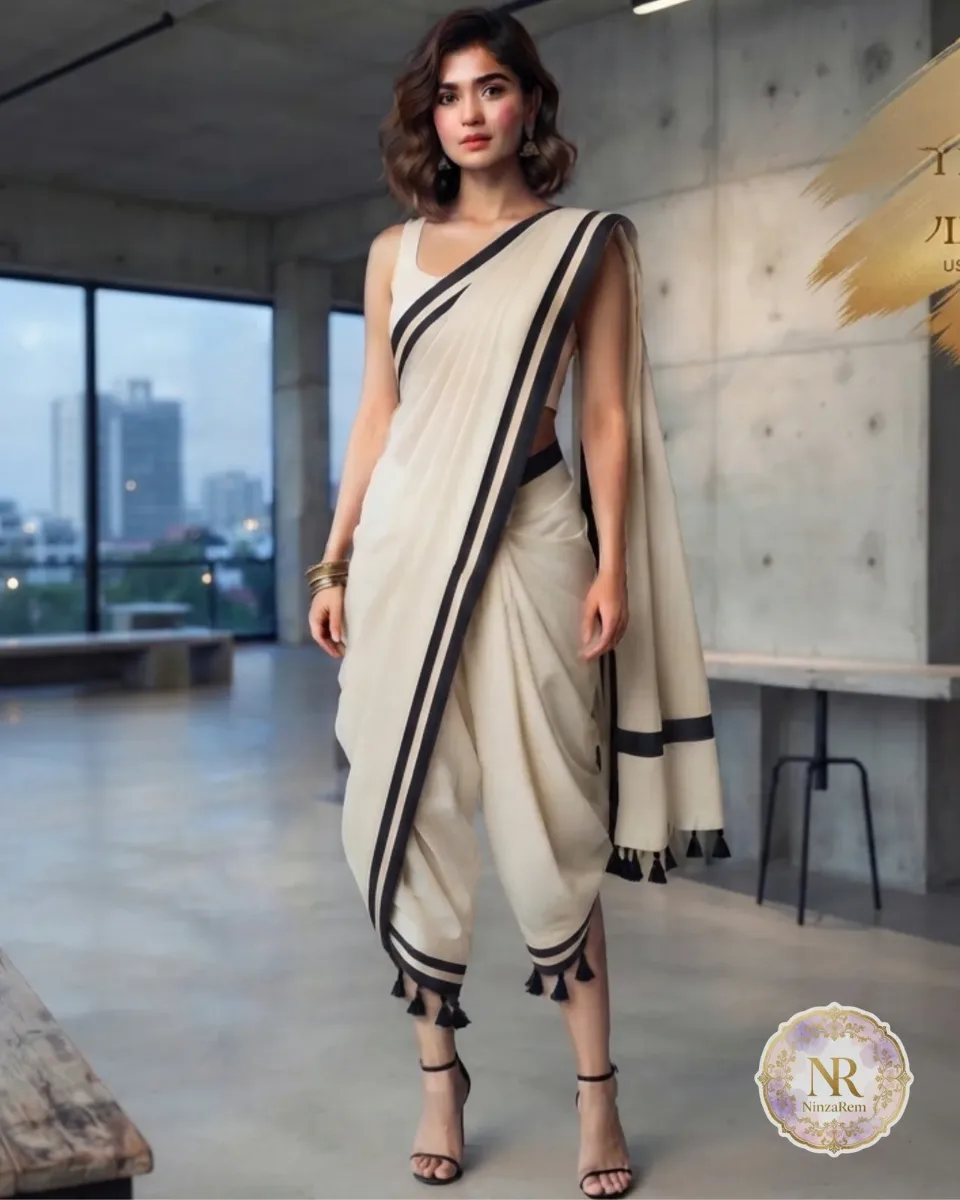 Classic Off-White Mul Cotton Saree with Black Border & Tassels