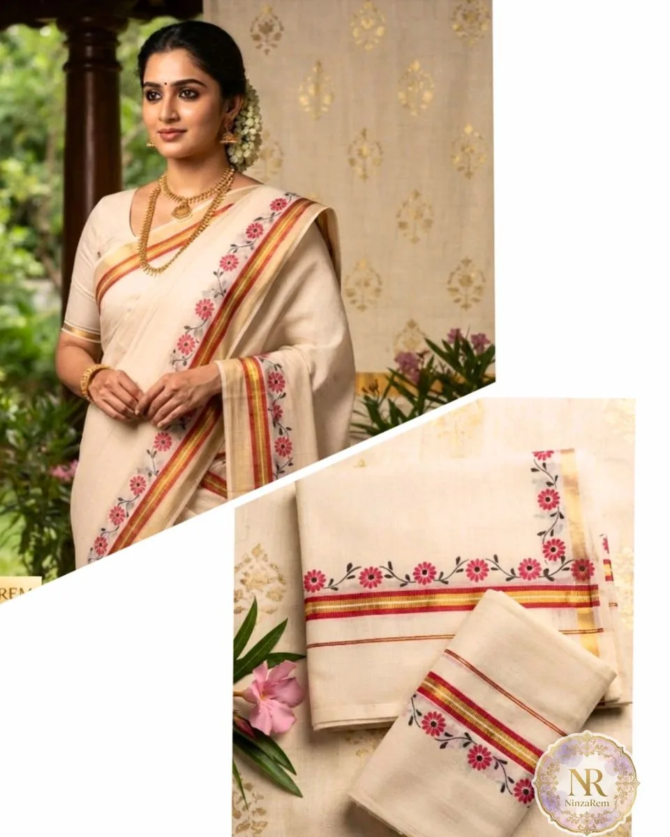 Elegant Floral Border Kerala Set Mundu (Neriyathu)