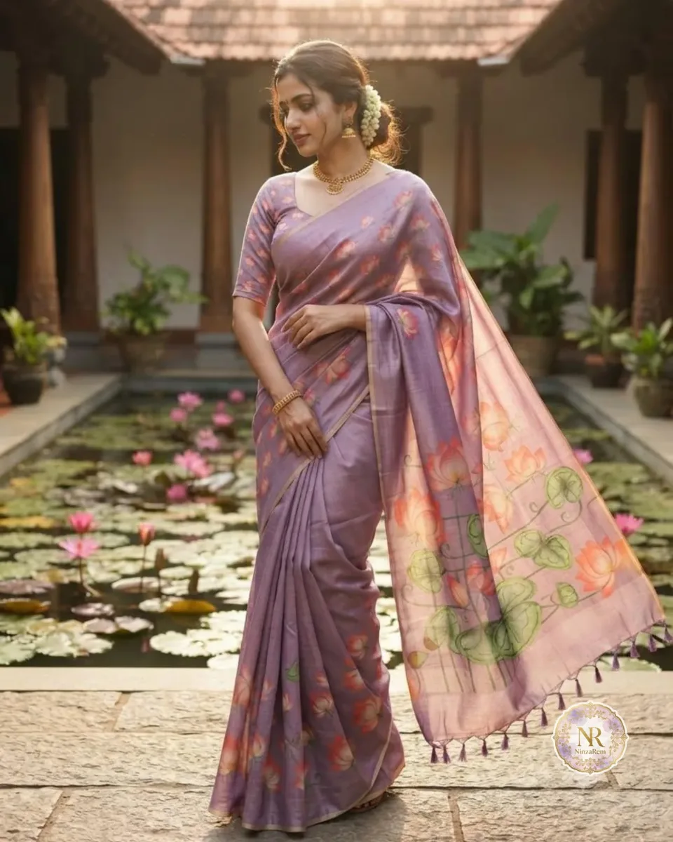 Elegant Lavender Tissue Lotus Print Saree
