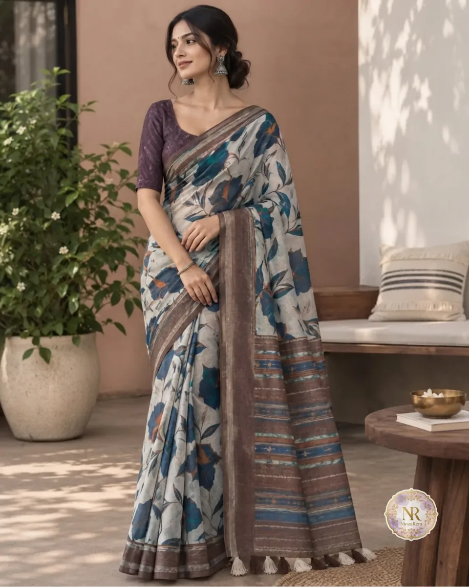 Grace in Blue and Brown Semi-Linen Floral Print Saree