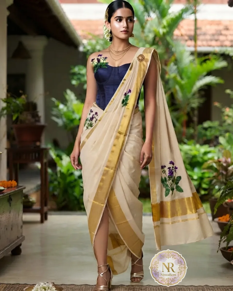 Kerala Kasavu Saree with Hand-Painted Mukkutti Flower Motifs & Gold Zari Border
