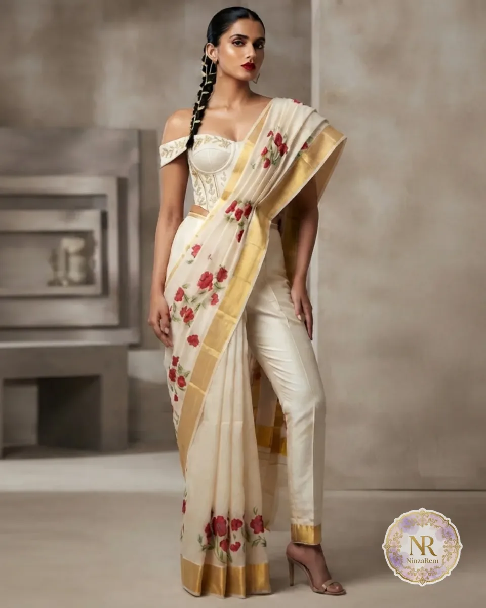 Kerala Tissue Saree – Red Floral Print with Golden Kasavu Border