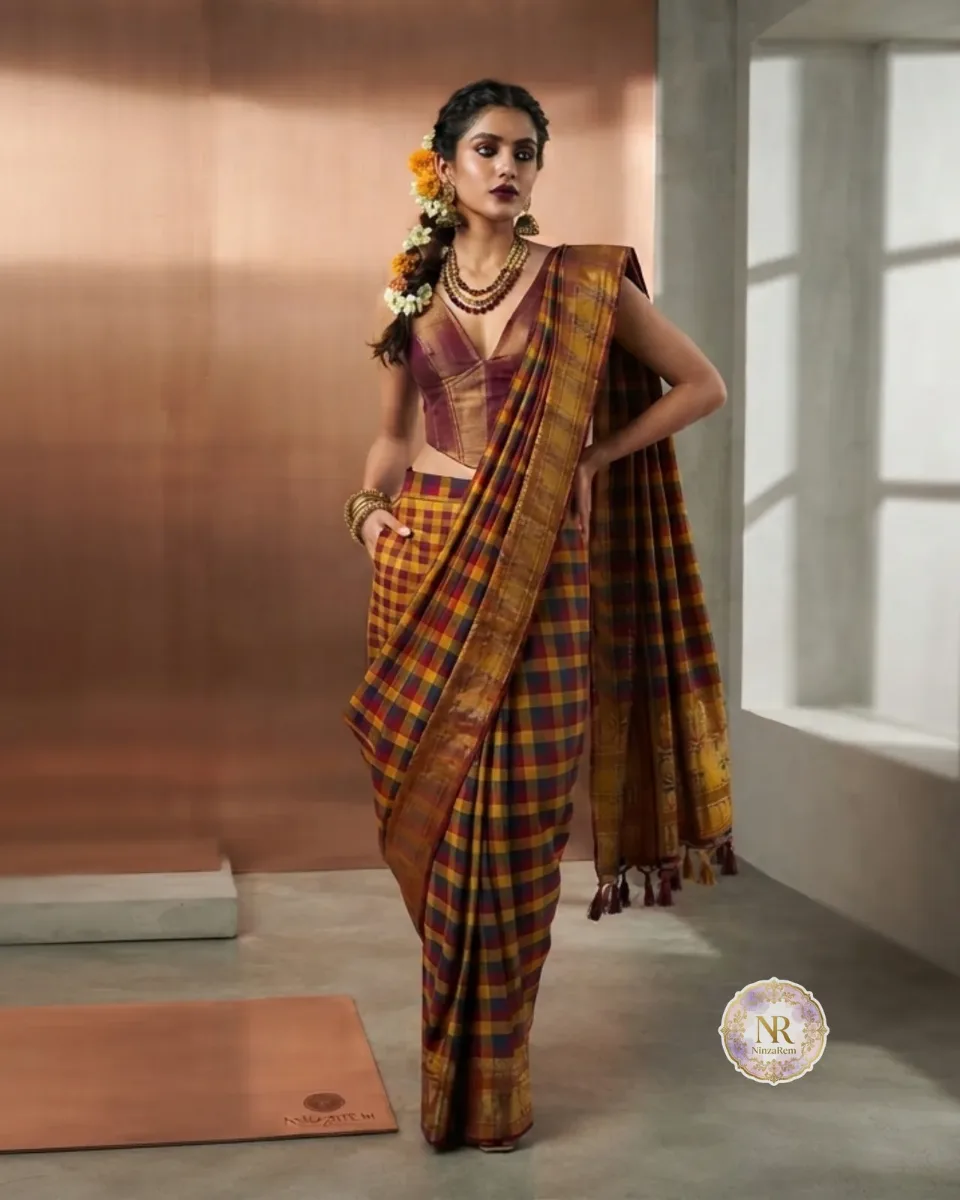 Madras Cotton Checks Maroon Saree