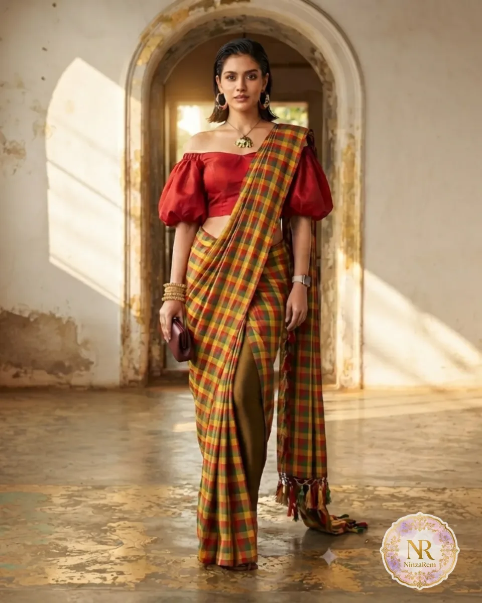 Madras Cotton Checks Orange Saree