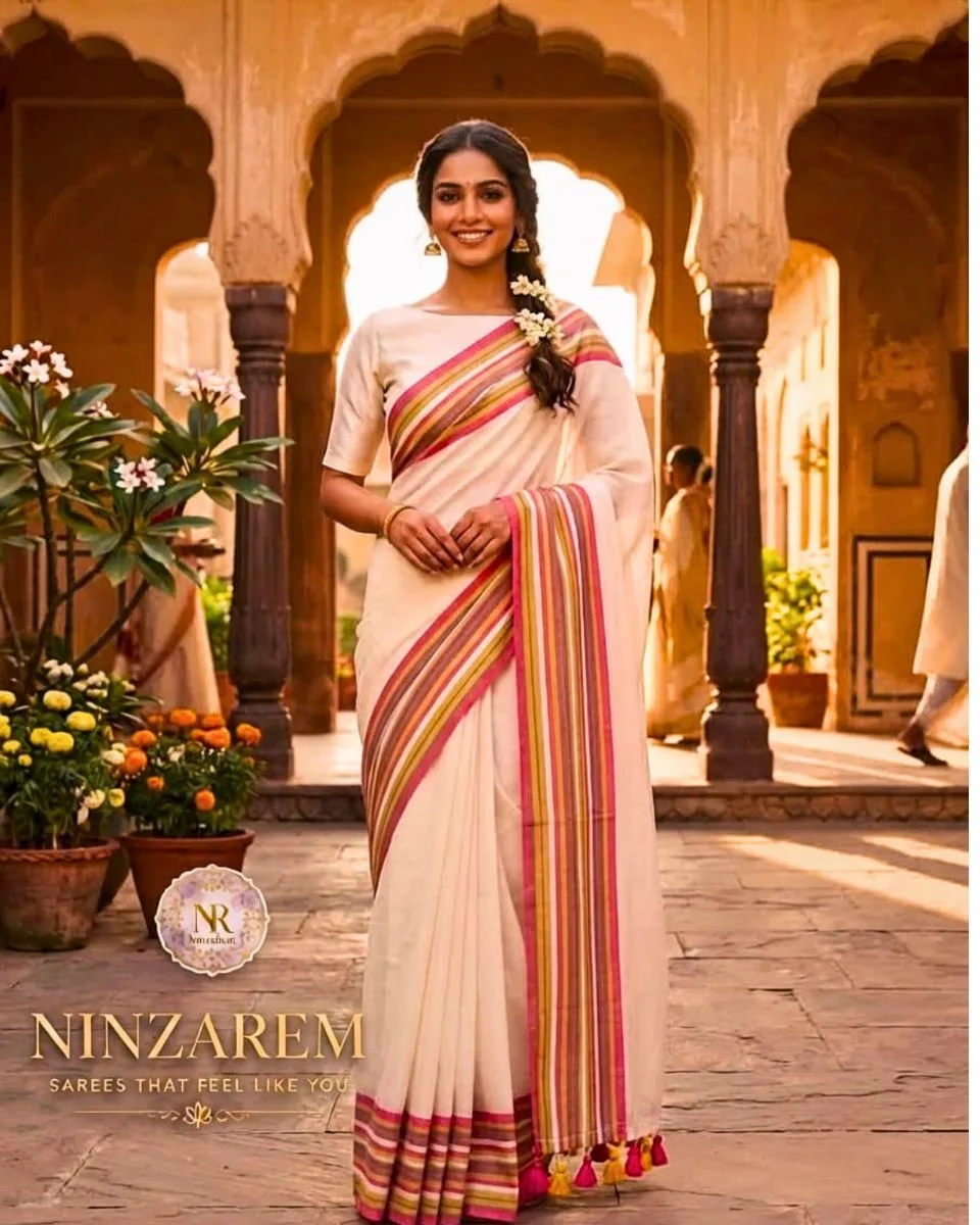 Mul Cotton Saree – Offwhite with Multicolour Striped Border