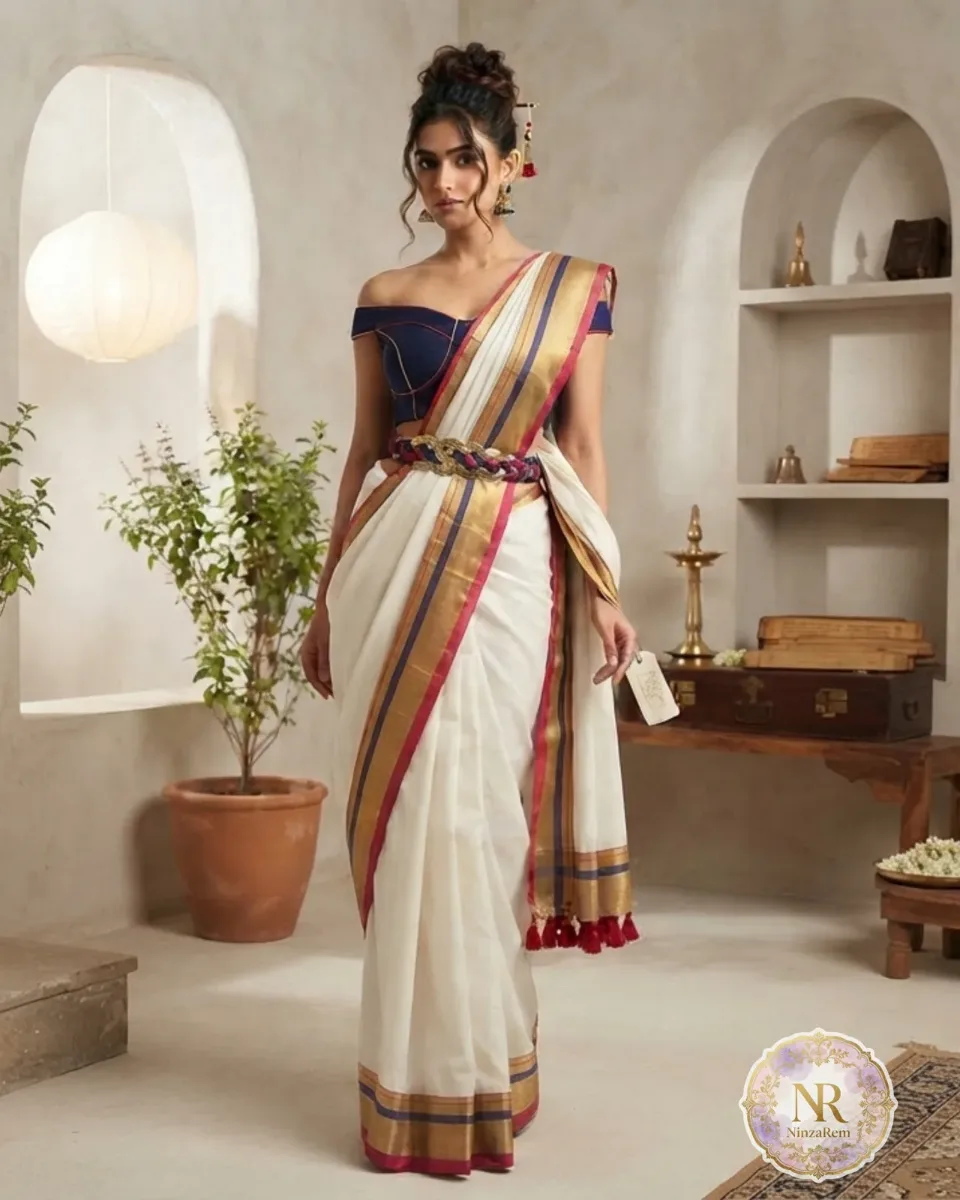 Mulcotton Offwhite Blue Maroon And  Kazavu Saree