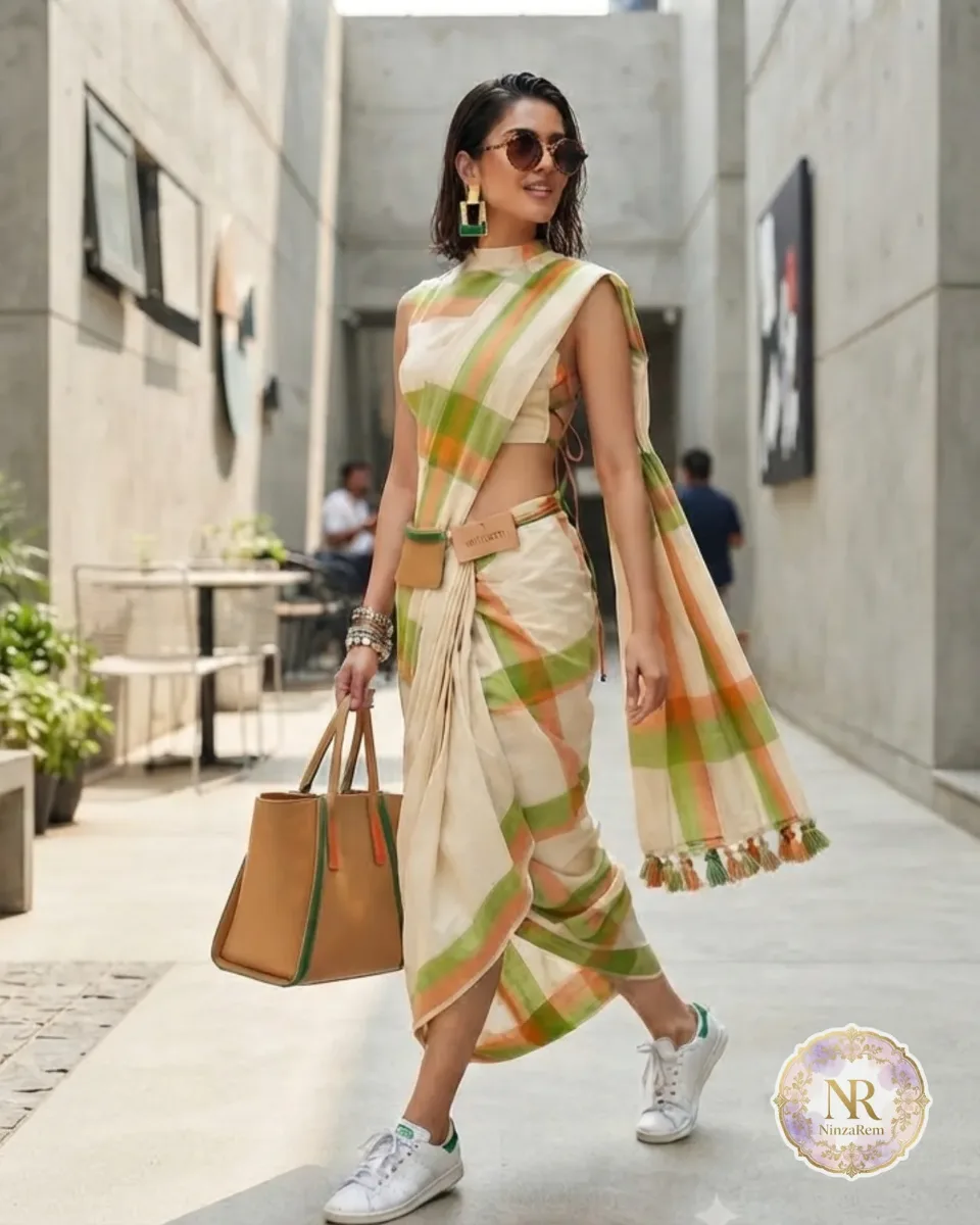 Mulcotton Offwhite with Green and Orange Stripes Saree