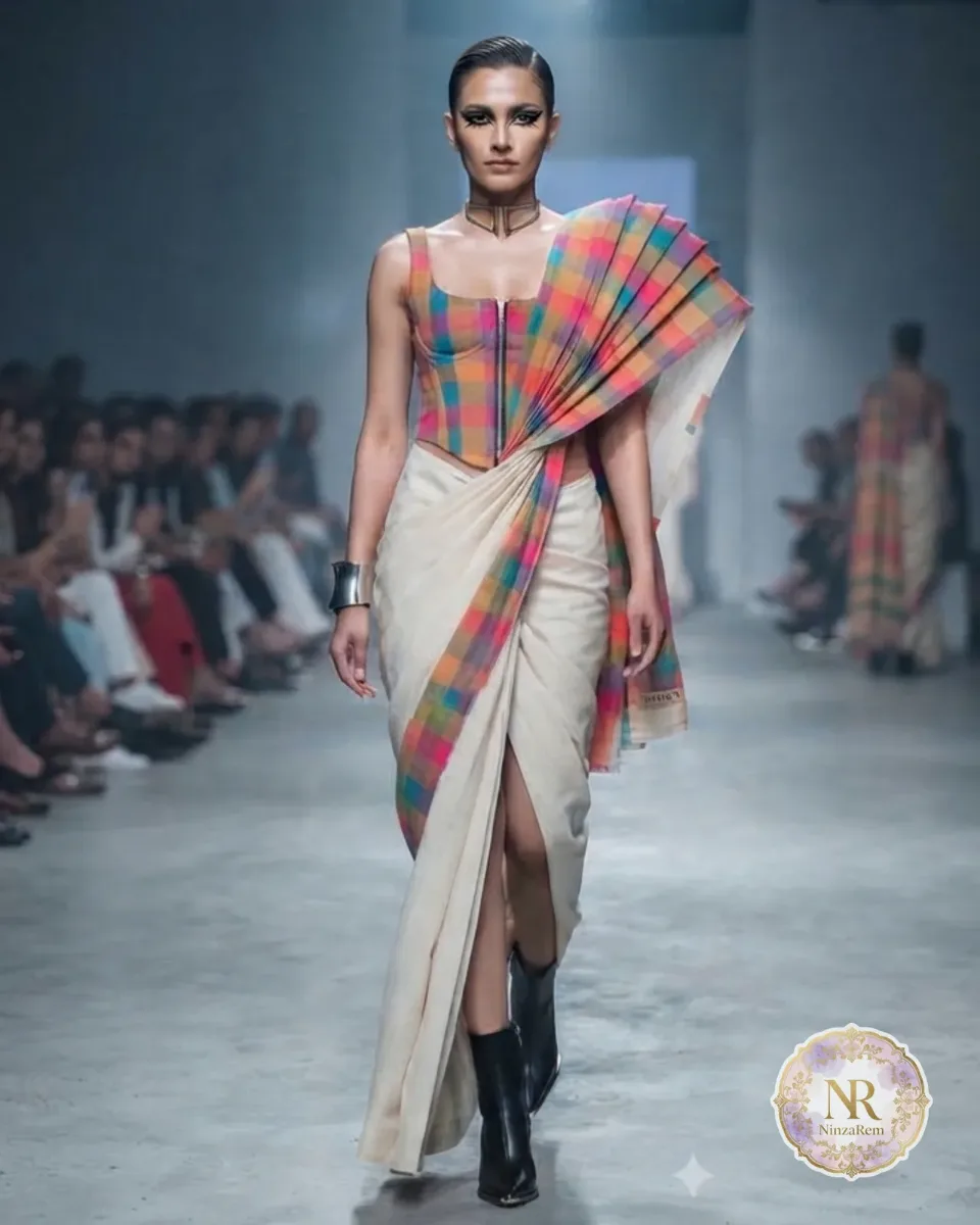 Offwhite Kerala Cotton Saree with Multicolour Checked Border & Butta