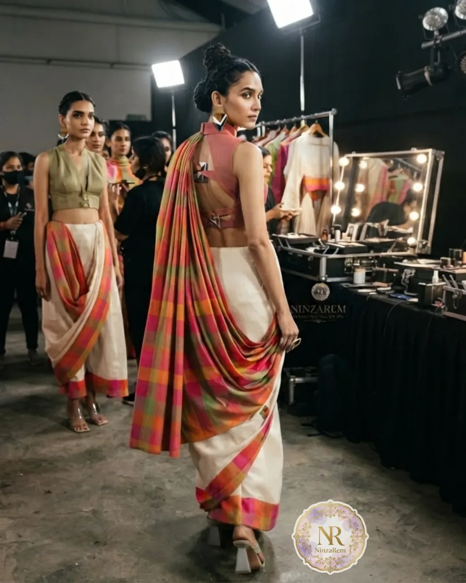 Offwhite Kerala Cotton Saree with Rainbow Check Border & Butta