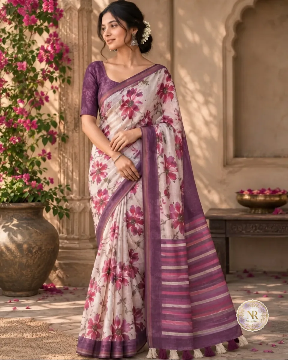 Velvet Grape Floral Linen Blend Saree