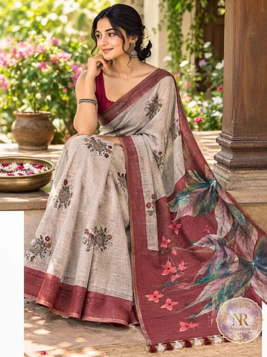 Regal Peacock Semi Linen Saree in Reddish Brown