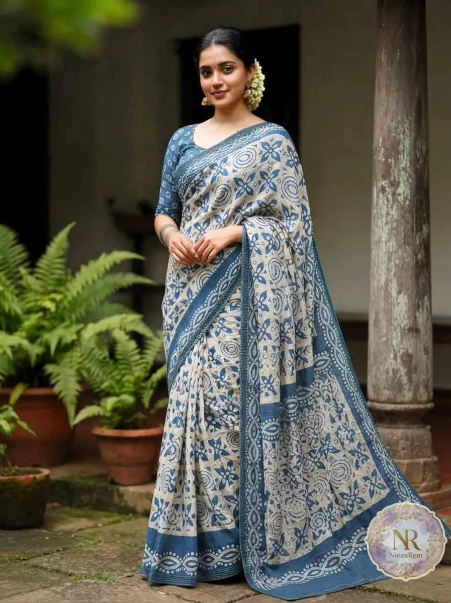 Premium Blue Cotton Batik Print Saree