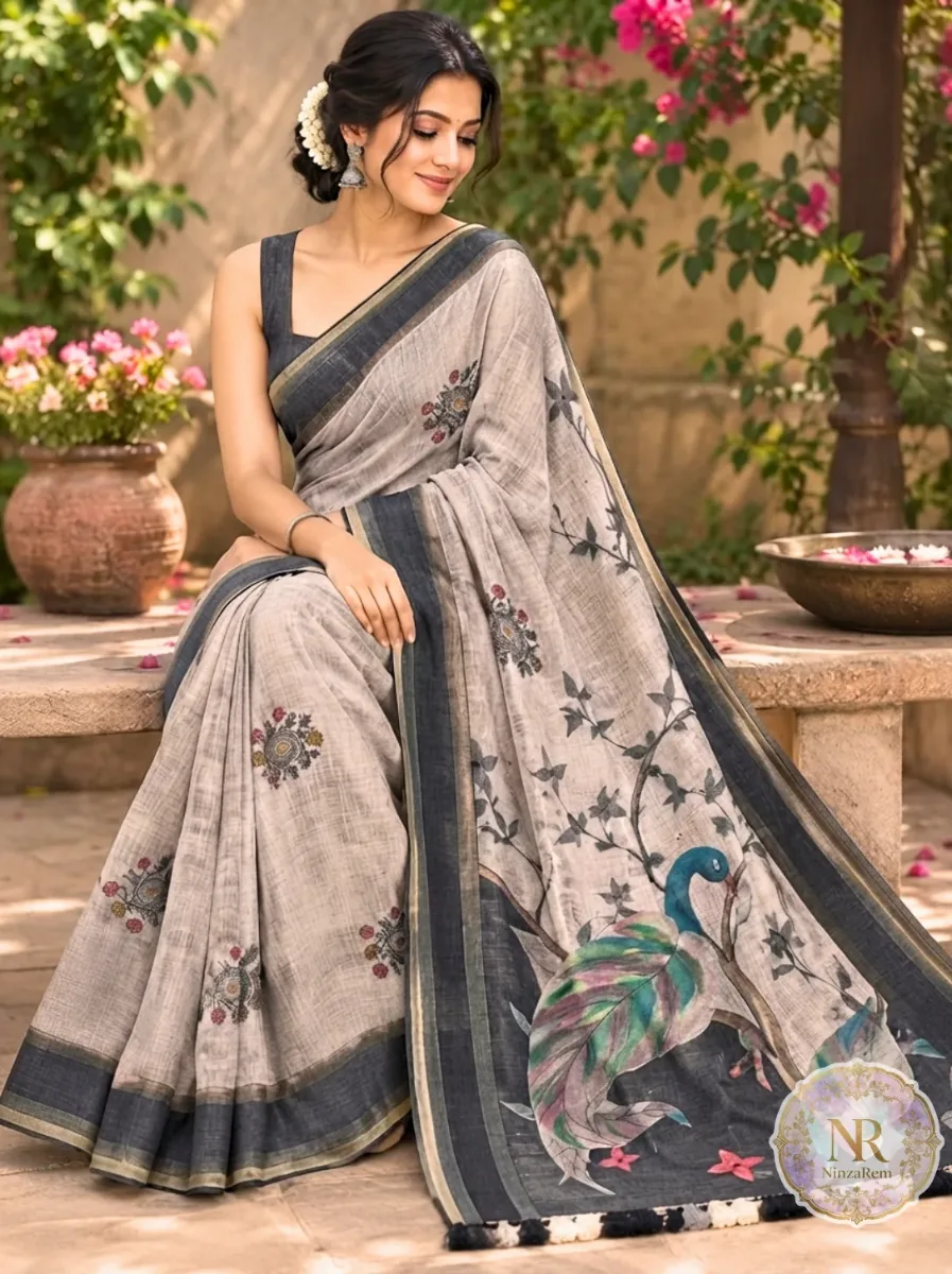 Classic Black & Neutral Peacock Semi Linen Saree