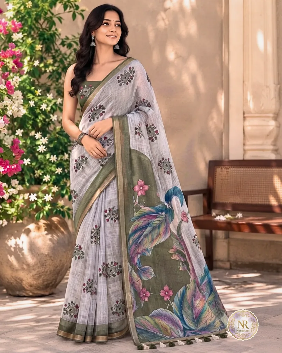 Verdant Grace Semi Linen Peacock Print Saree