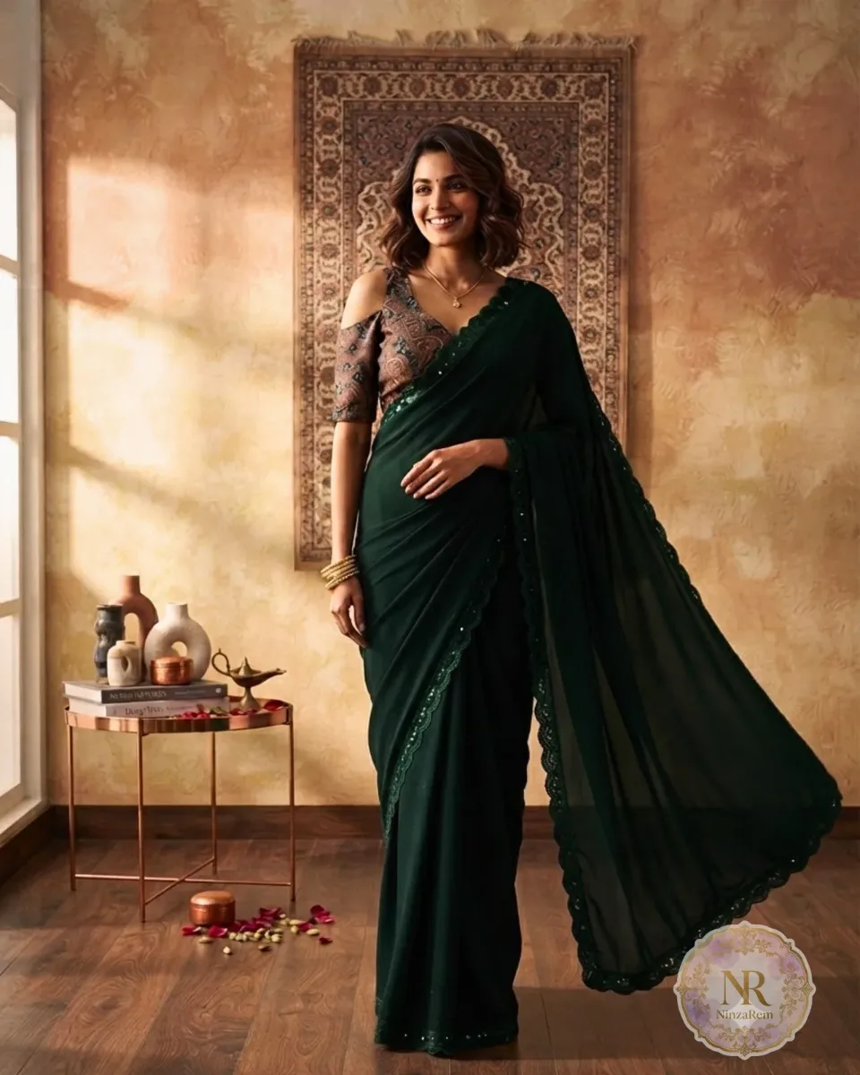 Regal Bottle Green Vichitra Silk Saree with Sequin Crochet Lace & Designer Blouse