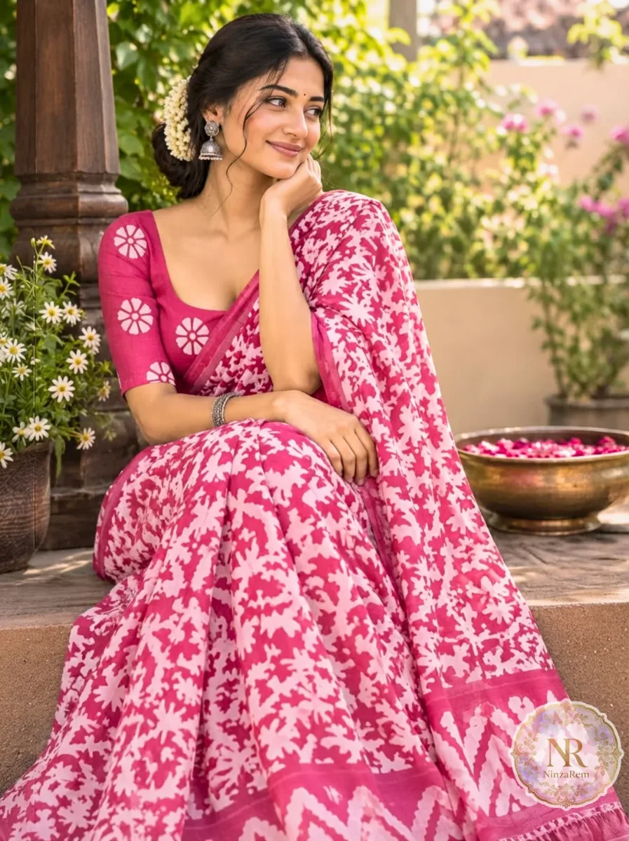 Vibrant Pink Floral Block Print Cotton Saree