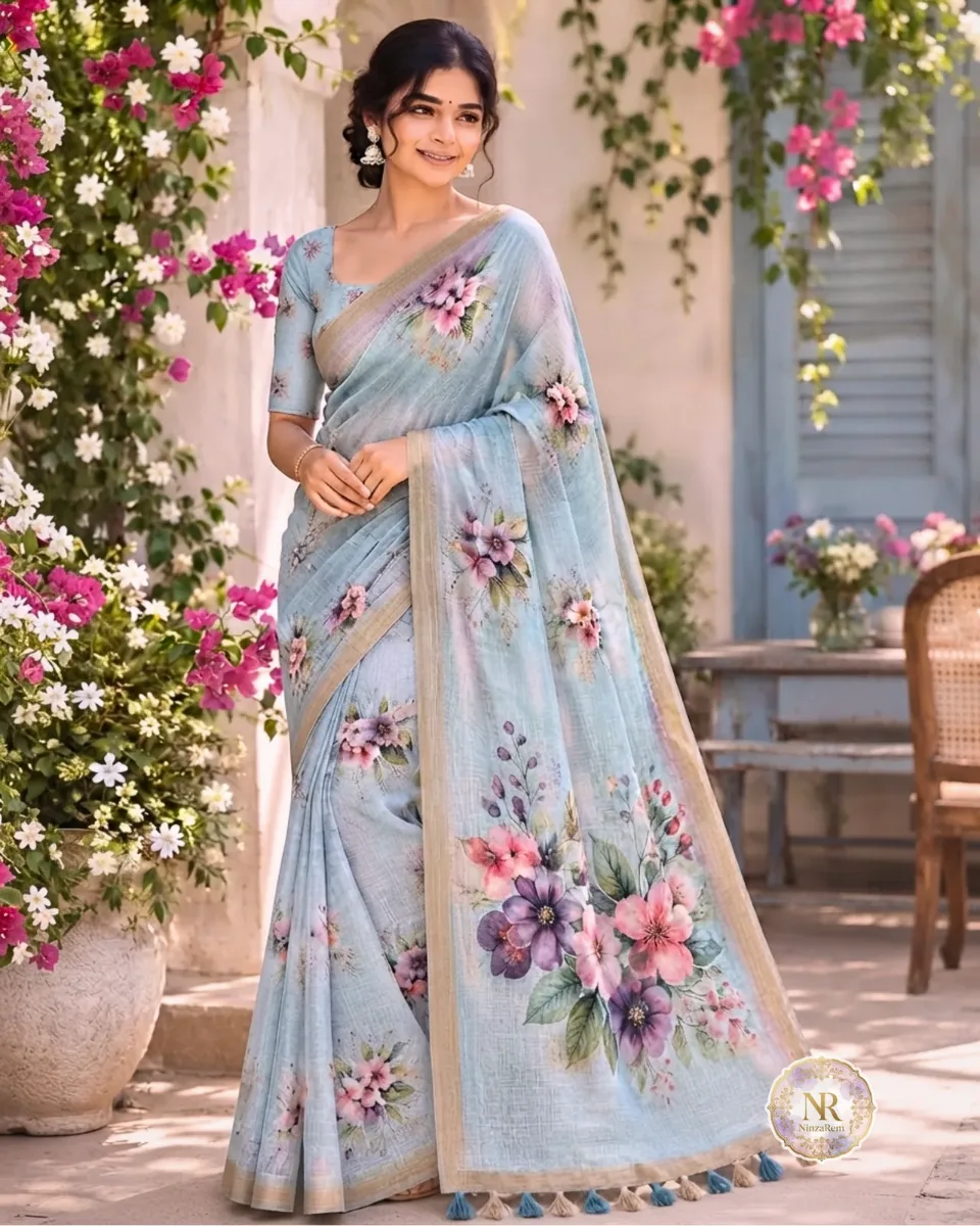 Blossom Breeze Semi Linen Skyblue Saree