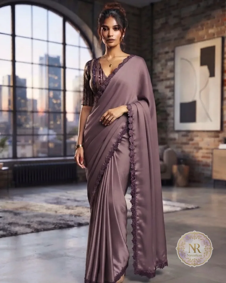 Elegant Mauve Vichitra Silk Saree with Crochet Lace & Patterned Blouse