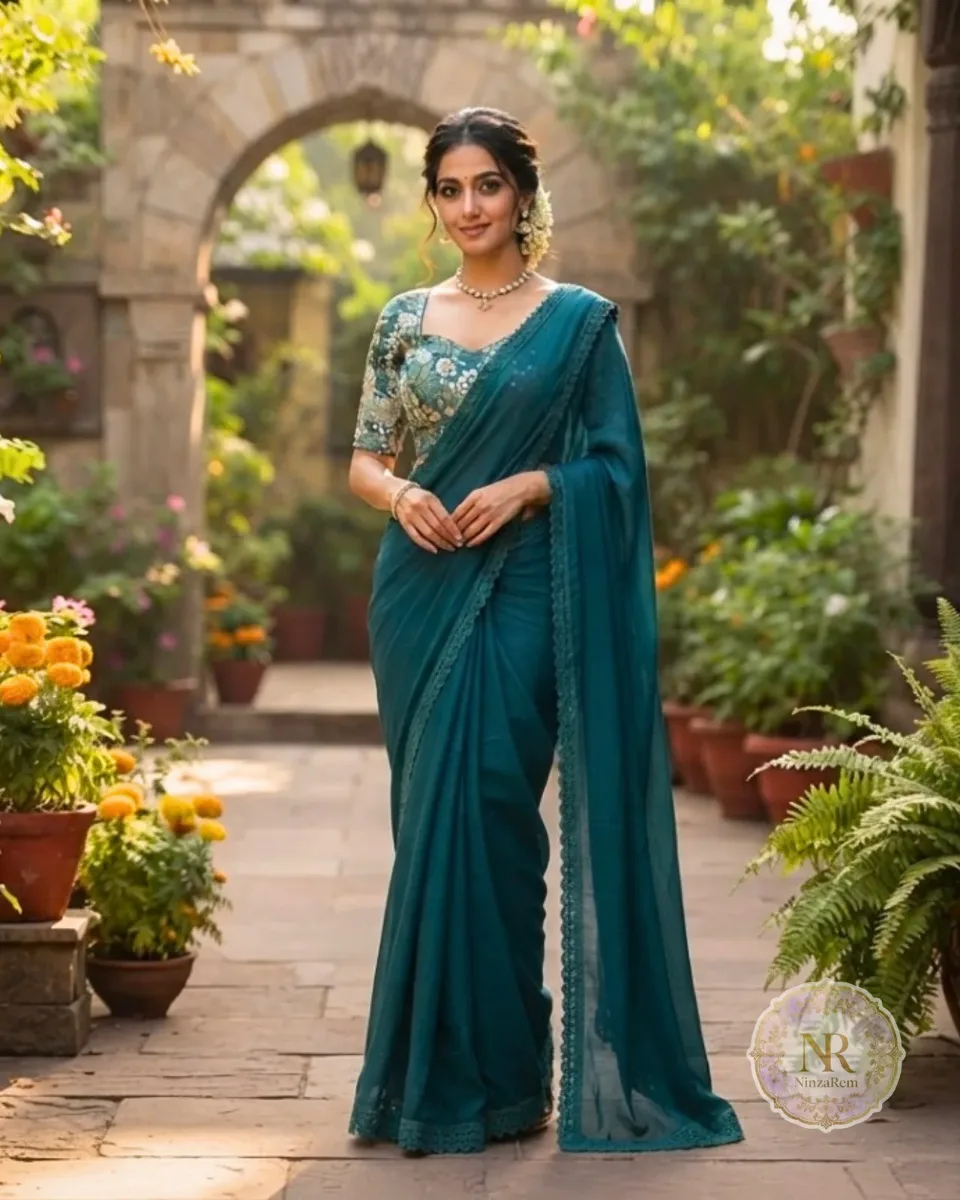 Enchanting Teal Blue Vichitra Silk Saree with Crochet Lace & Floral Designer Blouse
